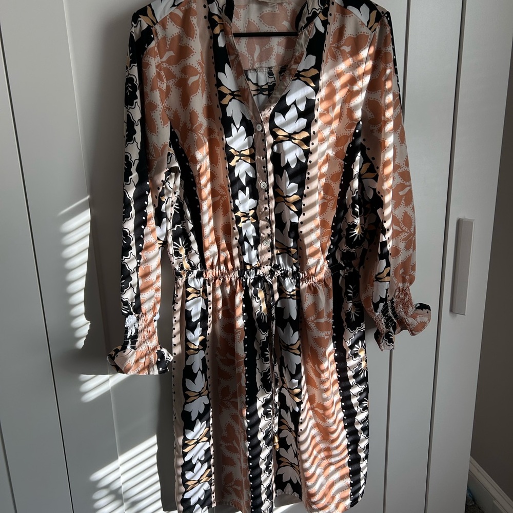 Printed Long-Sleeve Smocked Waist Dress